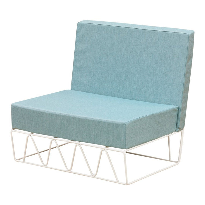 Teal upholstered chair with a textured fabric and a minimalist white metal frame.