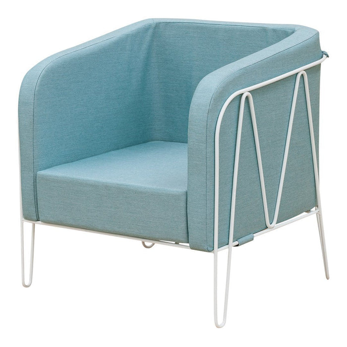 Stylish light blue armchair with clean lines and a white metal frame, perfect for modern decor.