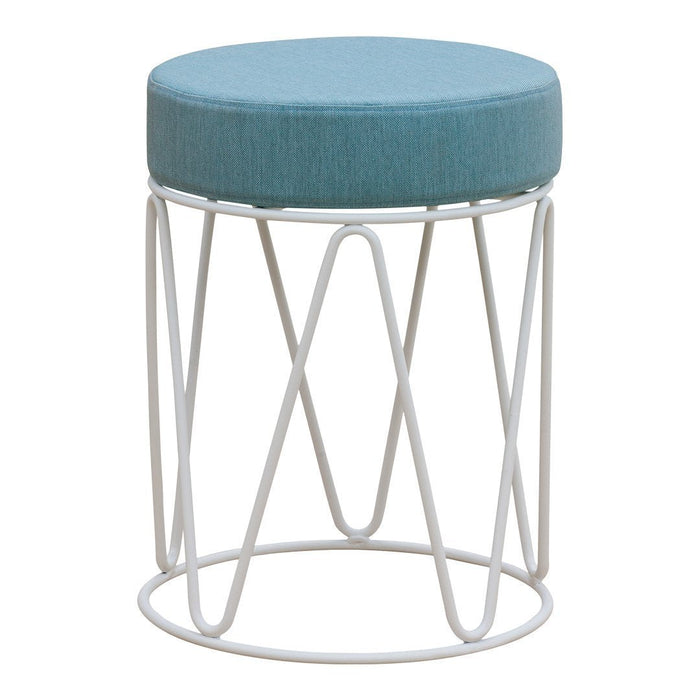 Turquoise padded stool with a modern white metal base featuring a geometric design. Ideal for stylish decor.