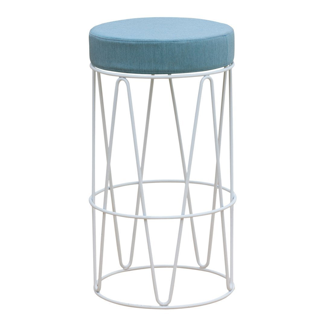 Light blue upholstered round top with a geometric white wire frame. Modern design, perfect for contemporary decor.