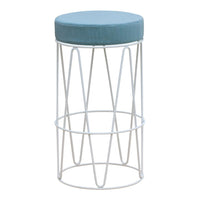 Light blue upholstered round top with a geometric white wire frame. Modern design, perfect for contemporary decor.
