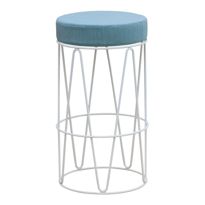 Light blue upholstered round top with a geometric white wire frame. Modern design, perfect for contemporary decor.