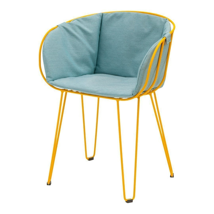 Stylish chair with a light blue cushion and vibrant yellow metal frame, perfect for modern decor.