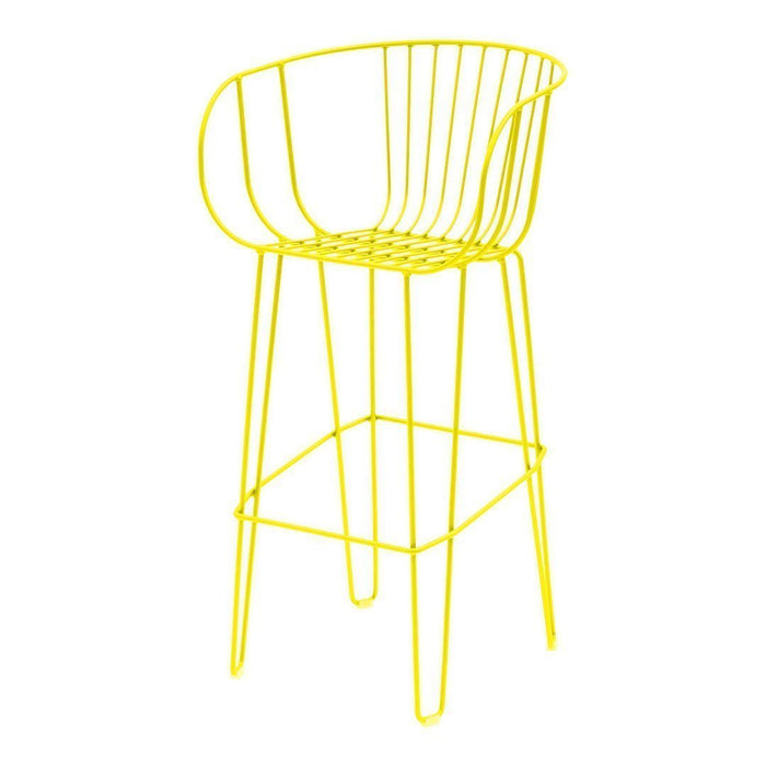 Bright yellow wire bar stool with a modern, minimalist design and open grid pattern. Perfect for a pop of color.