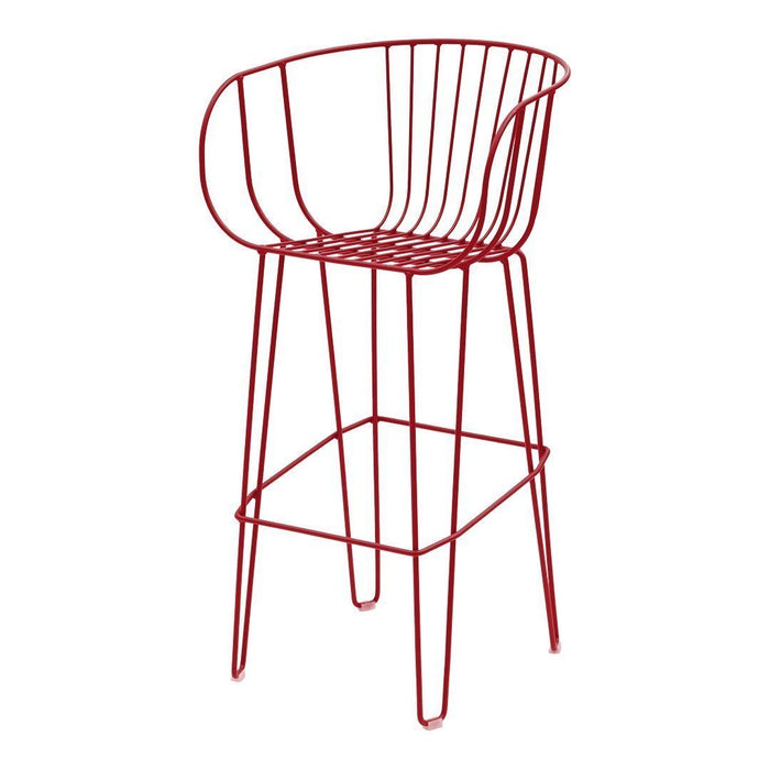 Red wire bar stool with a modern design, featuring a sleek, minimalistic pattern and open back. Perfect for contemporary spaces.