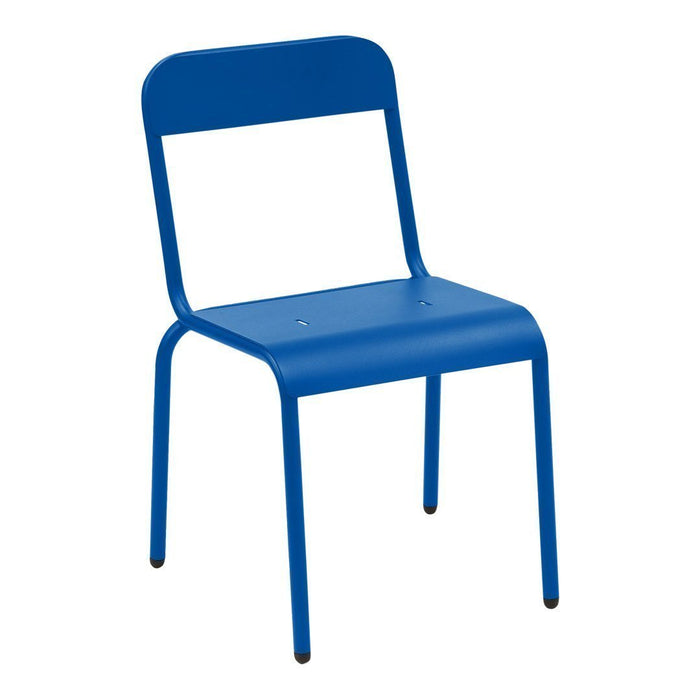 Bright blue metal chair with a sleek, minimalist design and smooth finish, perfect for modern spaces.