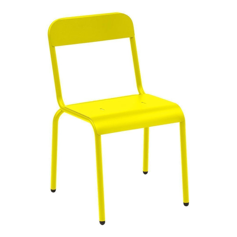 Bright yellow metal chair with a simple, modern design and no patterns. Perfect for adding a pop of color to any space.
