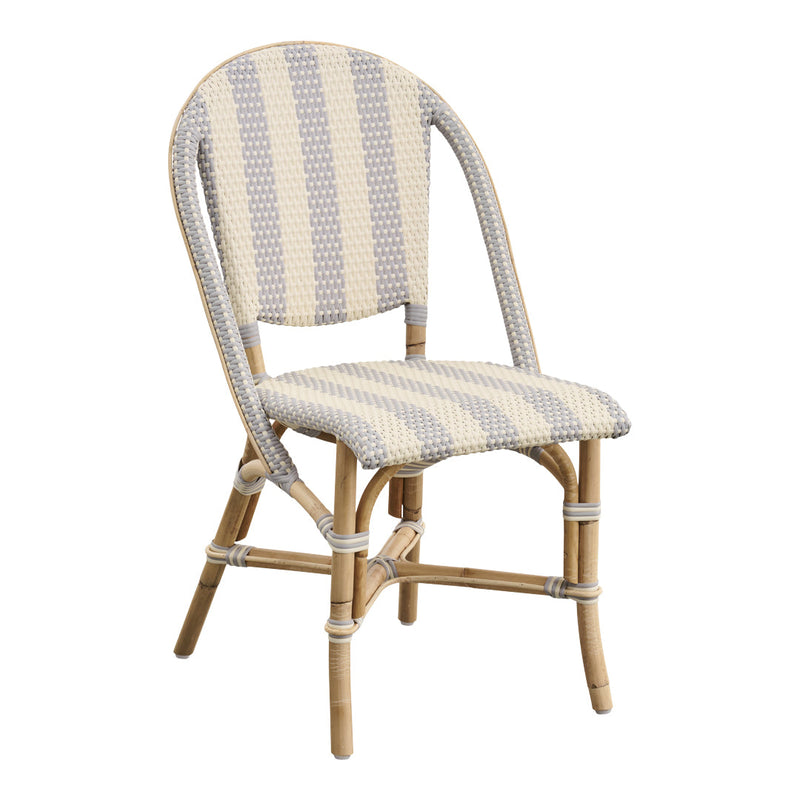 Striped cream and gray woven chair featuring a natural bamboo frame and a classic pattern. Ideal for any decor.