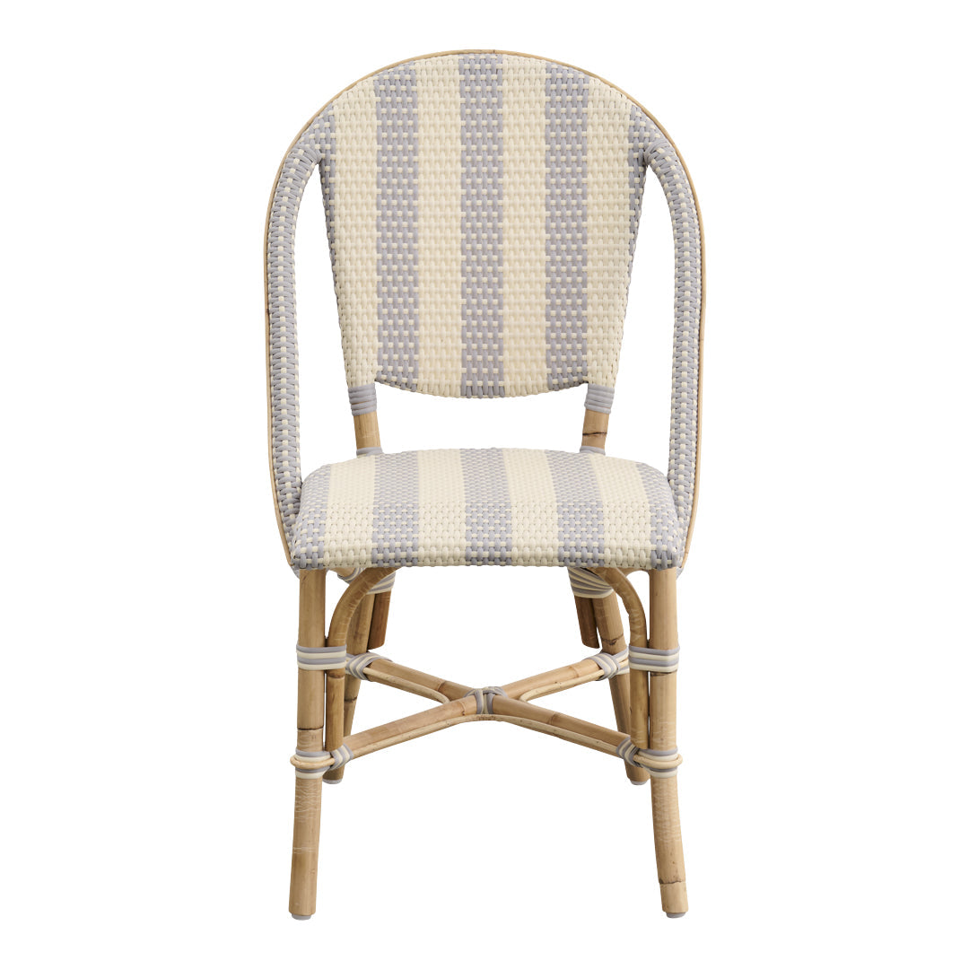 Beige and light gray striped chair with a woven pattern and natural bamboo frame. Perfect for stylish interiors.