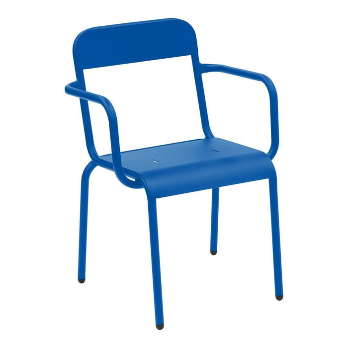 Bright blue metal chair with a minimalist design and armrests, perfect for modern spaces.