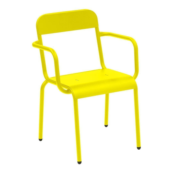 Bright yellow metal chair with a simple, modern design and no patterns, perfect for adding a pop of color.