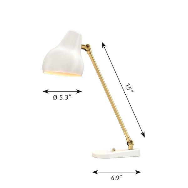 White and gold desk lamp with sleek lines and a modern aesthetic, perfect for stylish workspace decor.