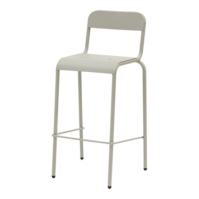 Light grey metal bar stool with a minimalist design and smooth surface, ideal for modern dining spaces.