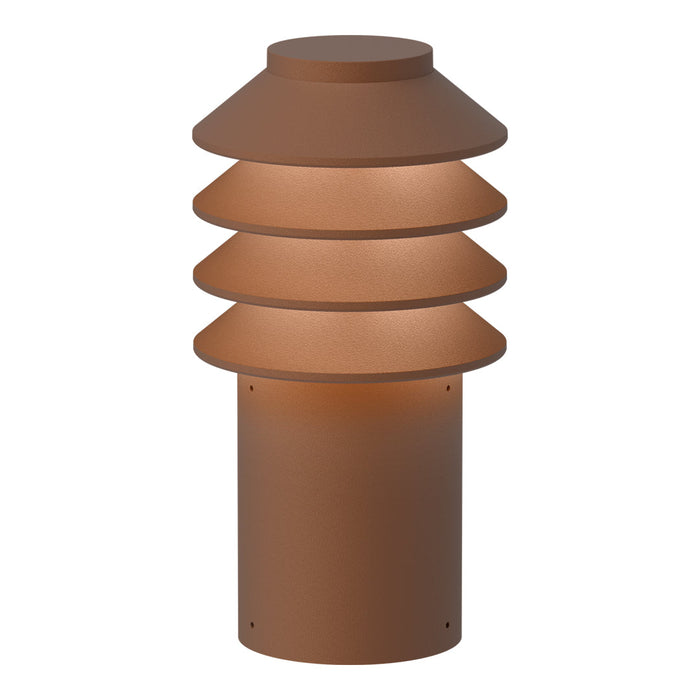 Rust-colored outdoor lamp with layered design and smooth finish, perfect for adding warmth to any space.