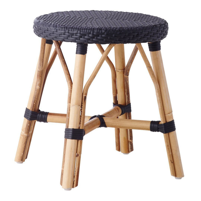 Black woven seat on a natural bamboo stool with contrasting dark bands. Lightweight and stylish for any space.