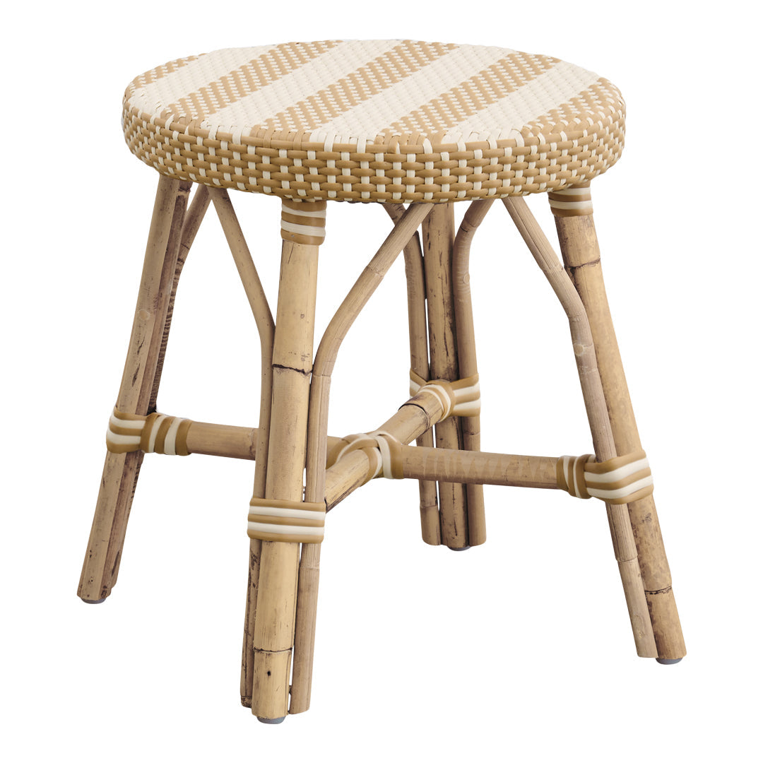 Beige and cream woven striped stool with natural bamboo legs, perfect for adding a touch of elegance to any space.