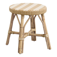 Beige and cream woven striped stool with natural bamboo legs, perfect for adding a touch of elegance to any space.