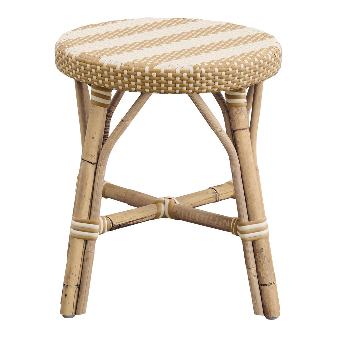 Round woven stool featuring a beige and off-white striped pattern with natural bamboo legs. Perfect for any decor.