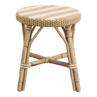 Round woven stool featuring a beige and off-white striped pattern with natural bamboo legs. Perfect for any decor.