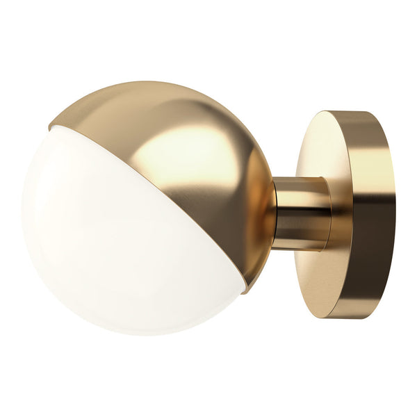 Gold and white wall lamp featuring a sleek half-sphere design with a modern metallic finish.