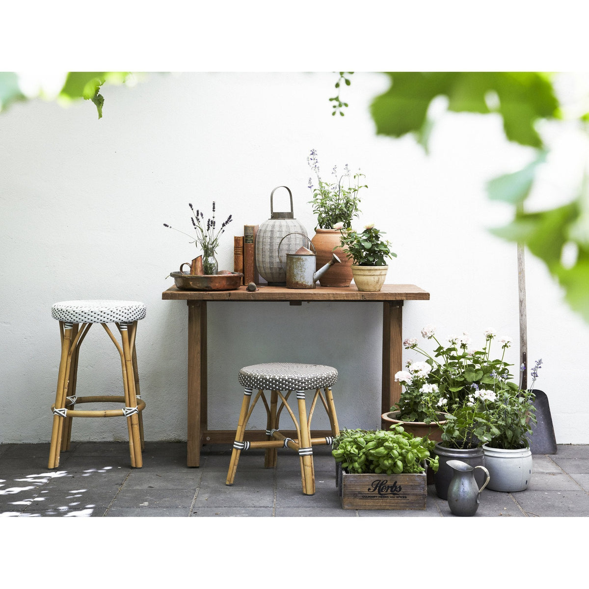 "Natural wood table with gray stools, surrounded by green plants in clay and ceramic pots, creating a serene outdoor vibe."