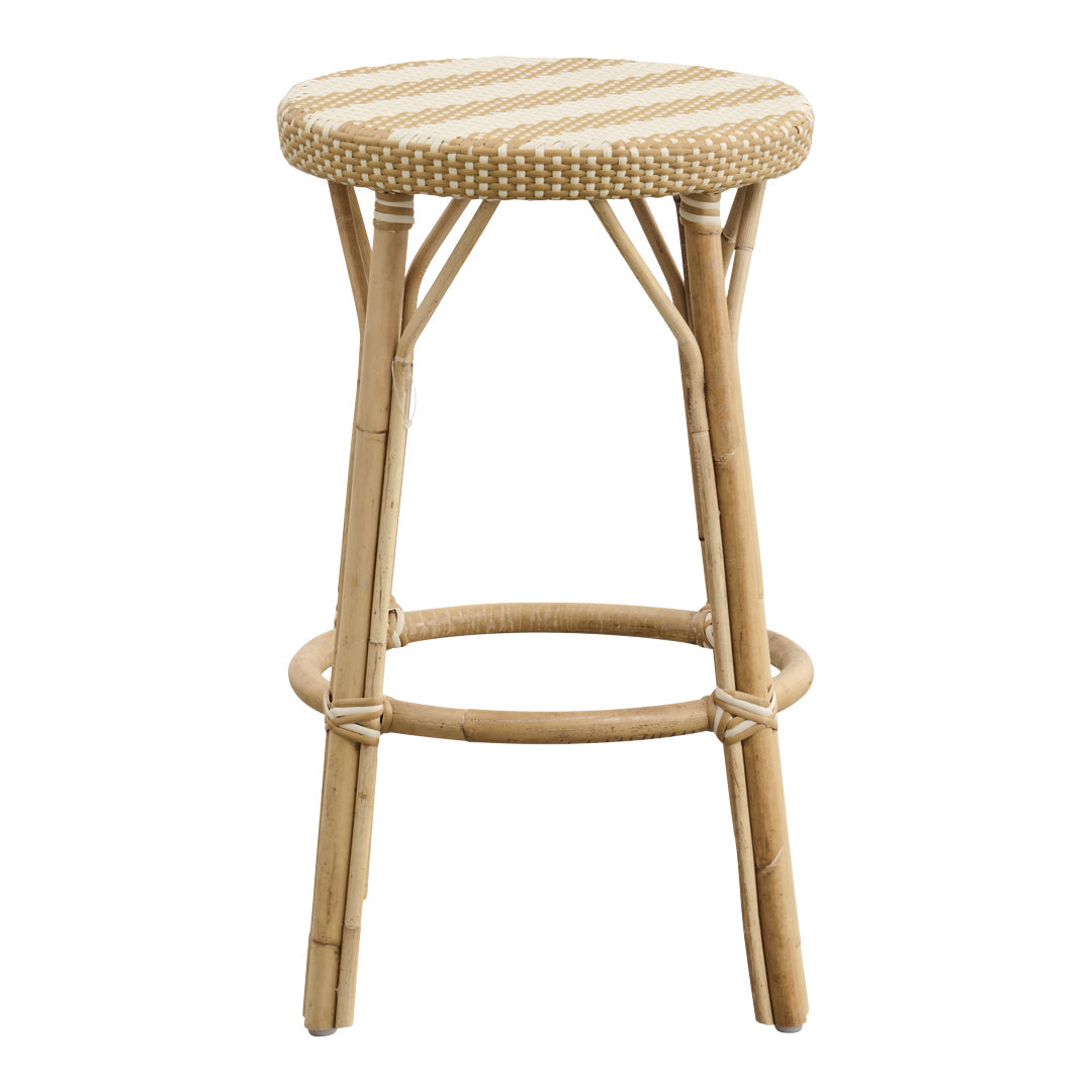 Natural bamboo bar stool with a woven cream and beige striped seat, perfect for coastal decor.