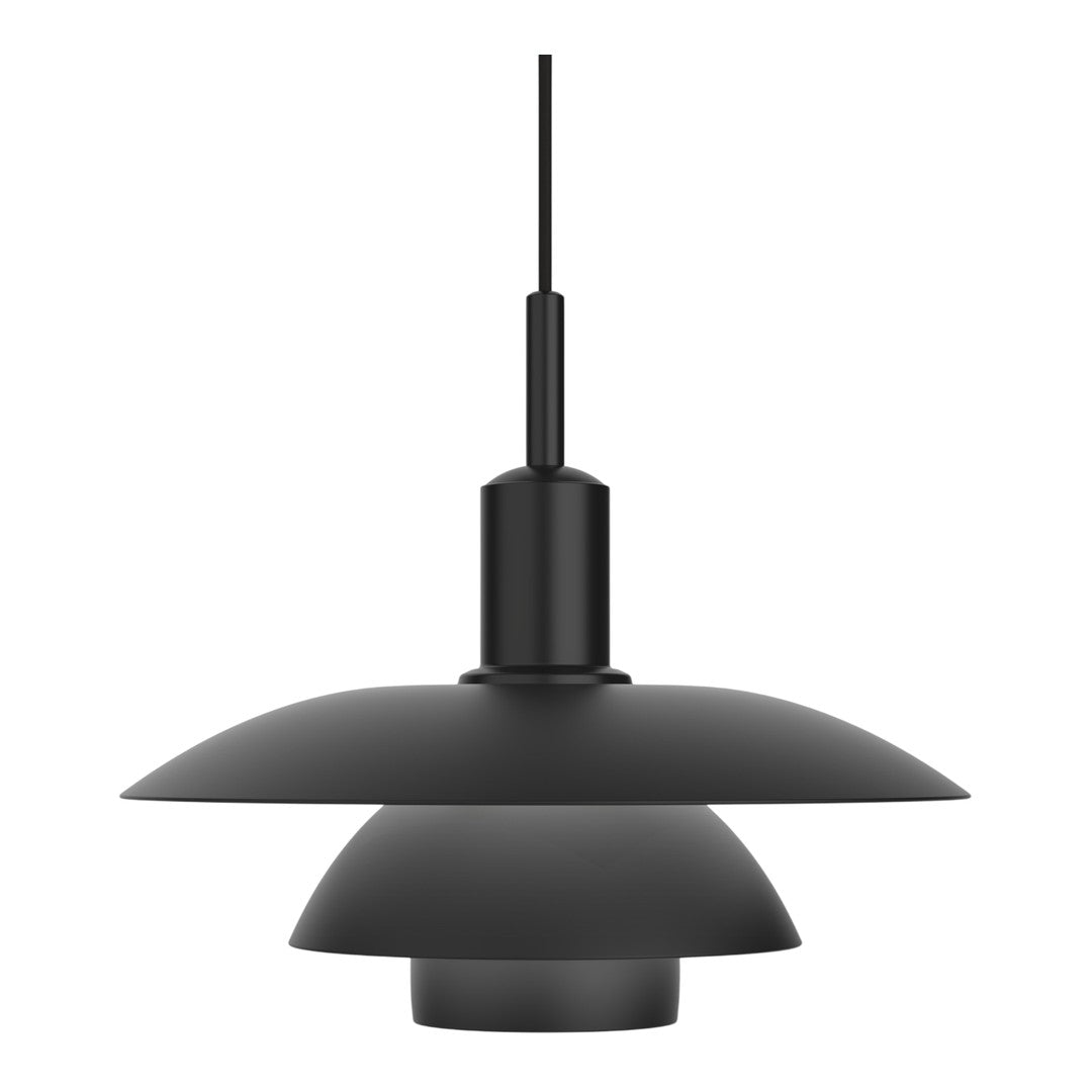 Black pendant lamp with a sleek, minimalist design featuring layered circular shades. Modern aesthetic for any space.