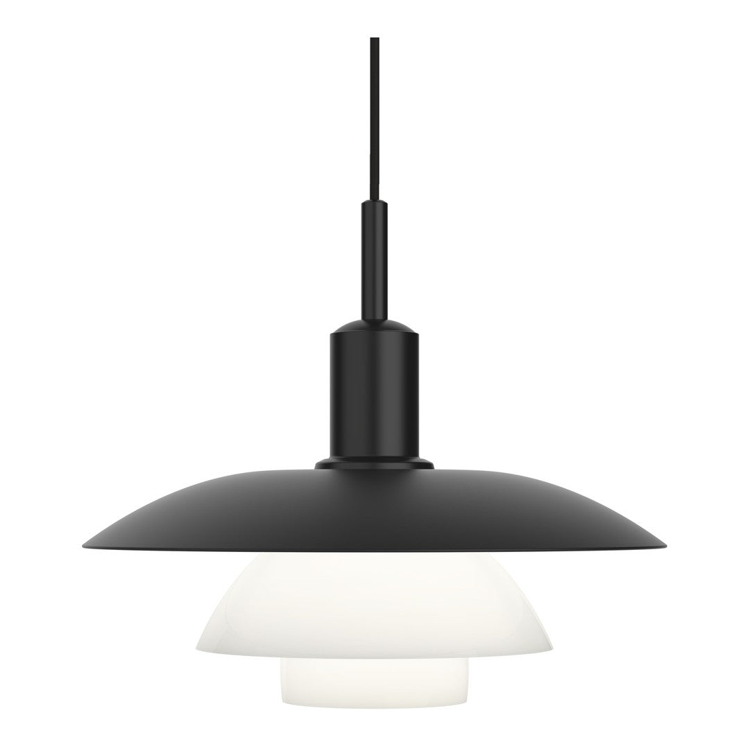Black and white contemporary pendant lamp with layered dome design and minimalistic style. Perfect for modern decor.