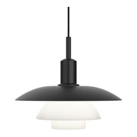 Black and white contemporary pendant lamp with layered dome design and minimalistic style. Perfect for modern decor.