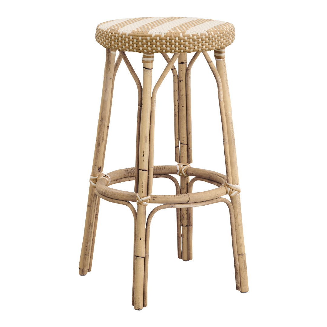 Natural bamboo bar stool with a woven, beige and cream striped seat, showcasing a rustic, bohemian design.