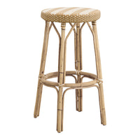 Natural bamboo bar stool with a woven, beige and cream striped seat, showcasing a rustic, bohemian design.