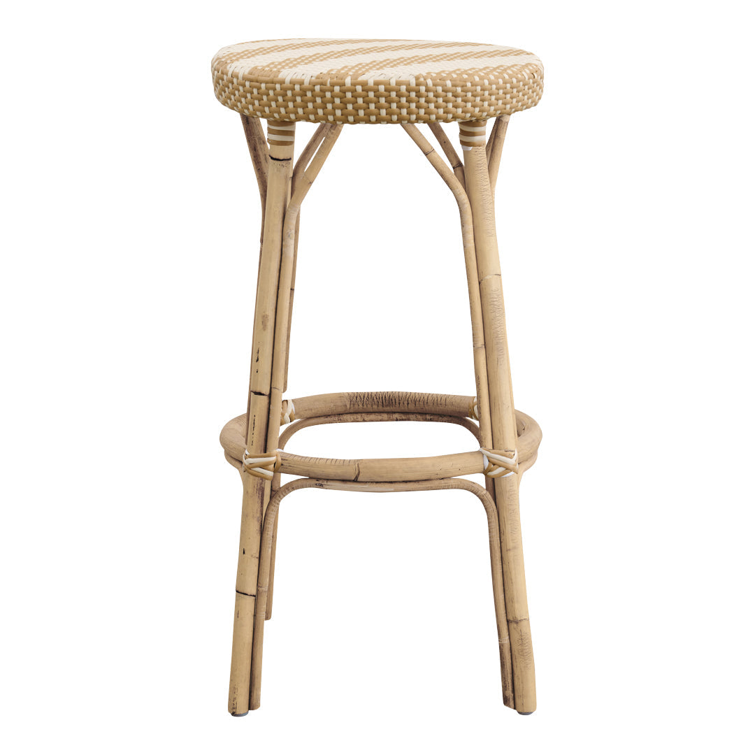 Natural bamboo bar stool with a woven beige pattern on the round seat, perfect for a chic, modern decor.