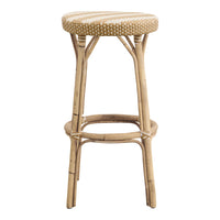 Natural bamboo bar stool with a woven beige pattern on the round seat, perfect for a chic, modern decor.