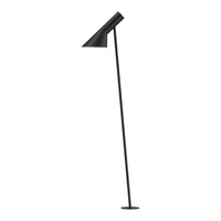Sleek black floor lamp with a minimalist design and angled shade, perfect for modern interiors.