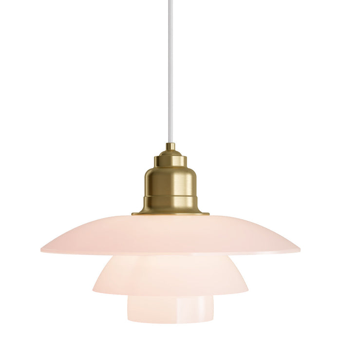 Three-tiered pendant lamp in soft pink with brass accents and a white cord. Elegant design for modern decor.