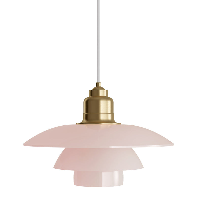 Pink layered pendant lamp with a brass fixture, featuring a sleek, modern design. Perfect for stylish home décor.