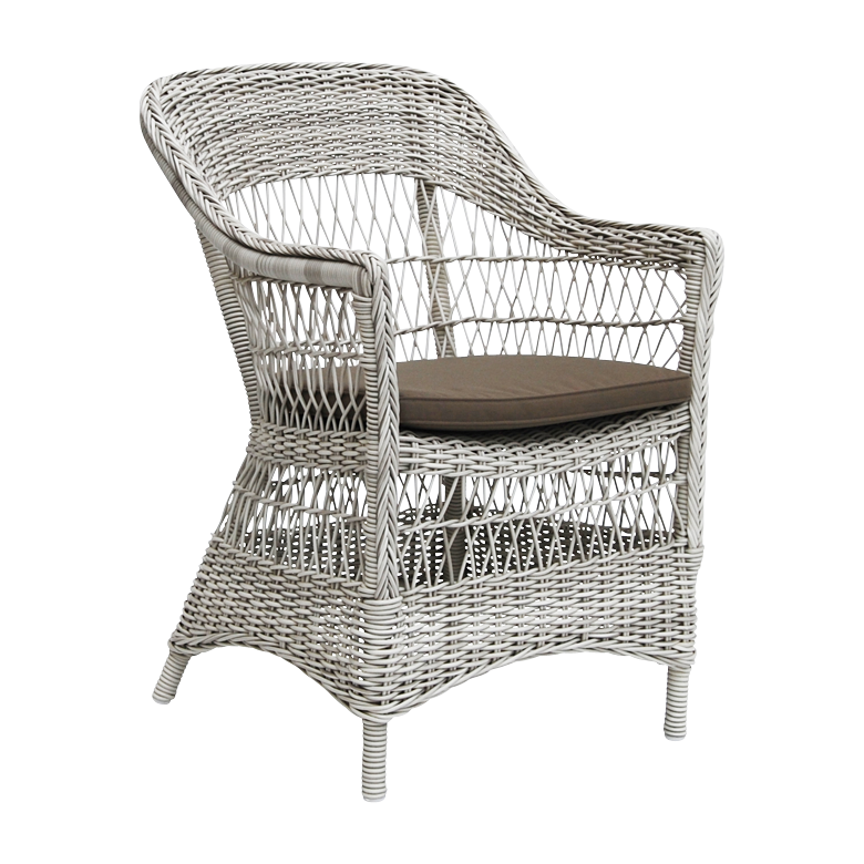 Light gray wicker chair with a woven pattern and dark brown cushioned seat for stylish comfort.