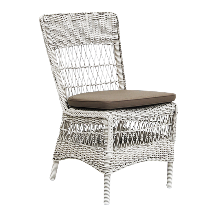 Woven white chair with a textured pattern and a brown cushion, ideal for stylish outdoor seating.