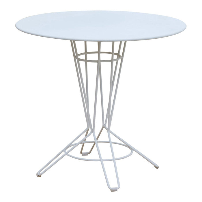 Round white tabletop with a geometric wire base in a sleek, modern design. Perfect for contemporary spaces.
