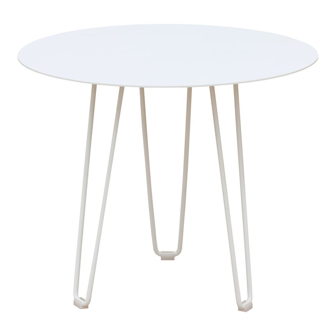 Round white table with sleek white legs, featuring a minimalist design and smooth surface perfect for modern decor.
