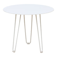 Round white table with sleek white legs, featuring a minimalist design and smooth surface perfect for modern decor.