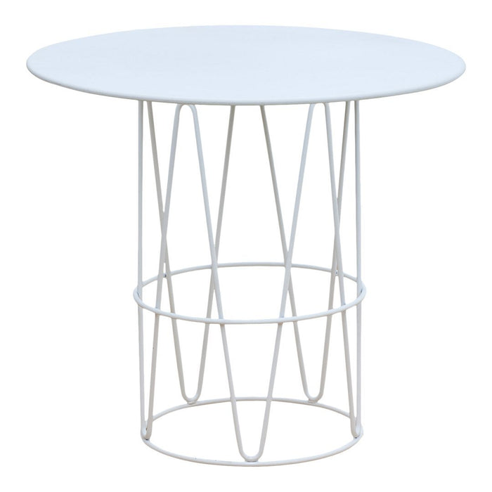 White round tabletop with a geometric wire base in a minimalist design. Ideal for modern decor.