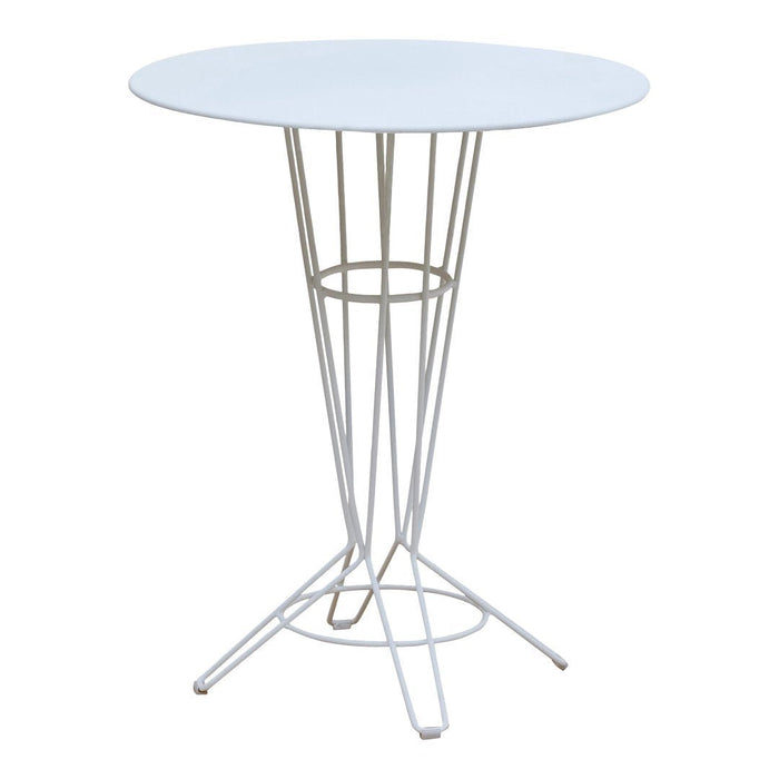 "White round tabletop with silver wire base, featuring a sleek, modern geometric pattern."