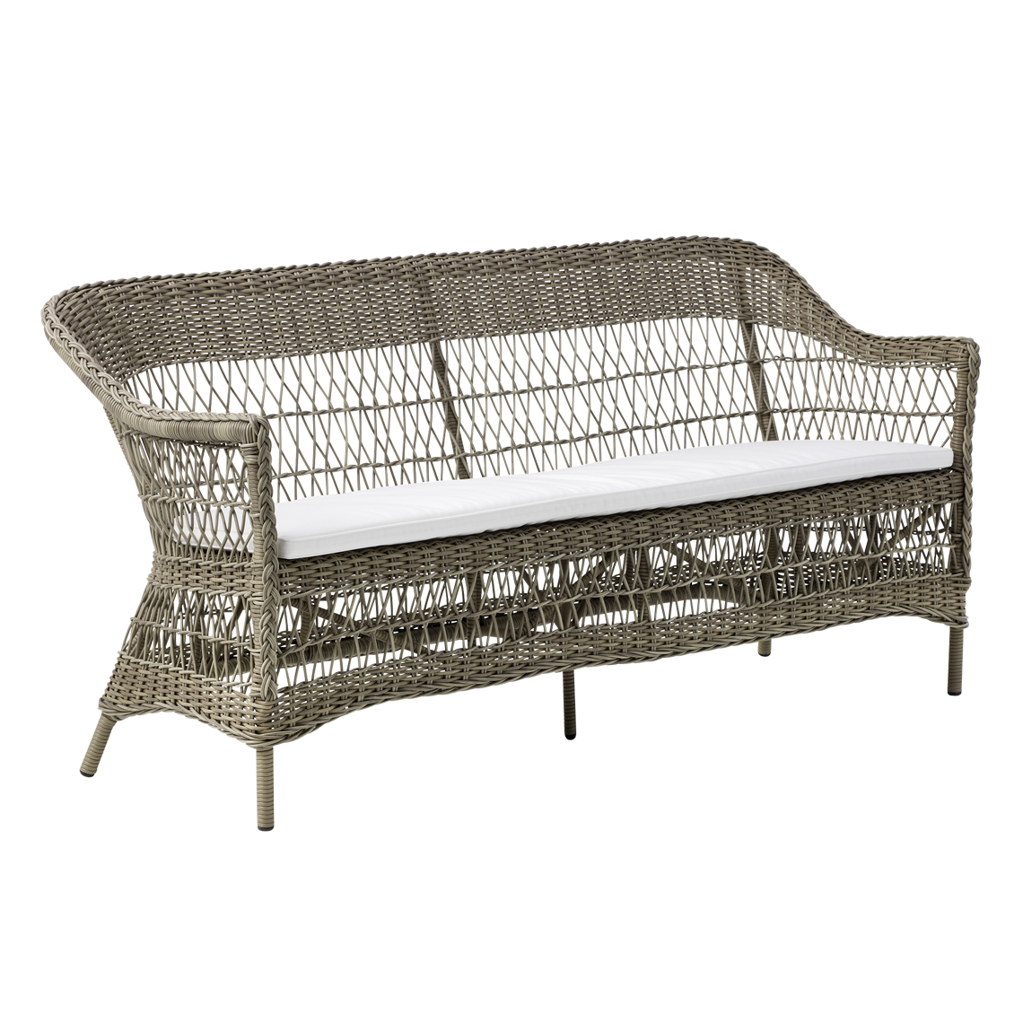 Gray woven wicker sofa with a light beige cushion, featuring an open pattern for a modern aesthetic.