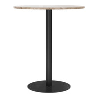 Round table with a textured beige marble top and a sleek black metal base. Modern design accents for any room.