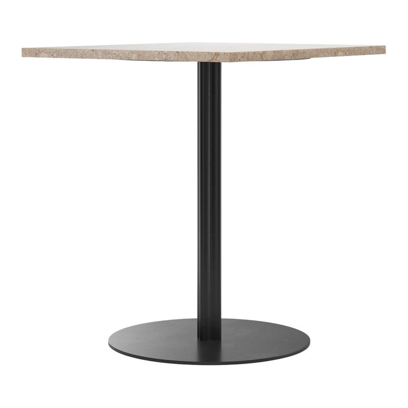 Square tabletop in light beige with textured finish, supported by a sleek black metal base. Perfect for modern decor.