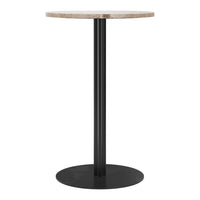 Round tabletop in natural beige pattern with a sleek black metal base. Modern and minimalist design.