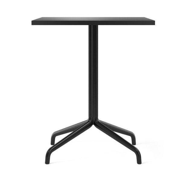 Black square table with a sleek, minimalist design and a sturdy three-legged base. Perfect for modern decor.
