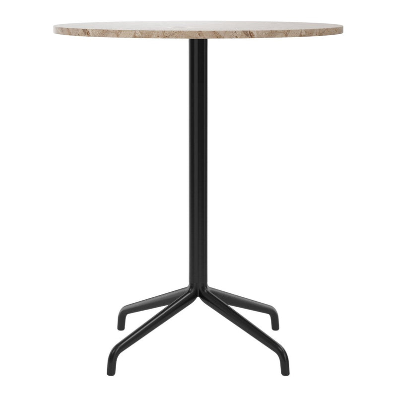 Round, light-colored marble tabletop with a sleek black metal base in a modern design. Ideal for contemporary decor.