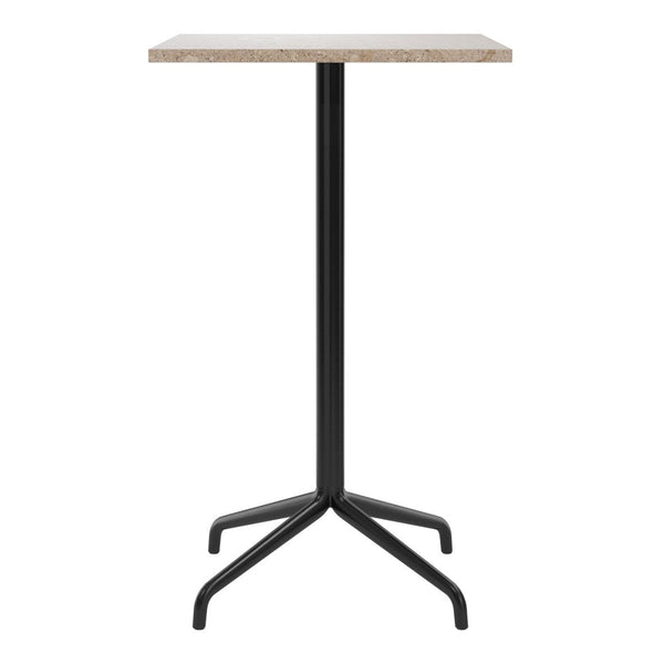Black metal bar table with a light beige stone finish. Sleek, modern design suitable for various settings.